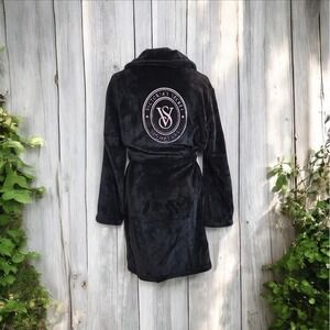 Victoria's Secret Signature Black Plush Robe Soft Fleece Belted Bathrobe XS/S